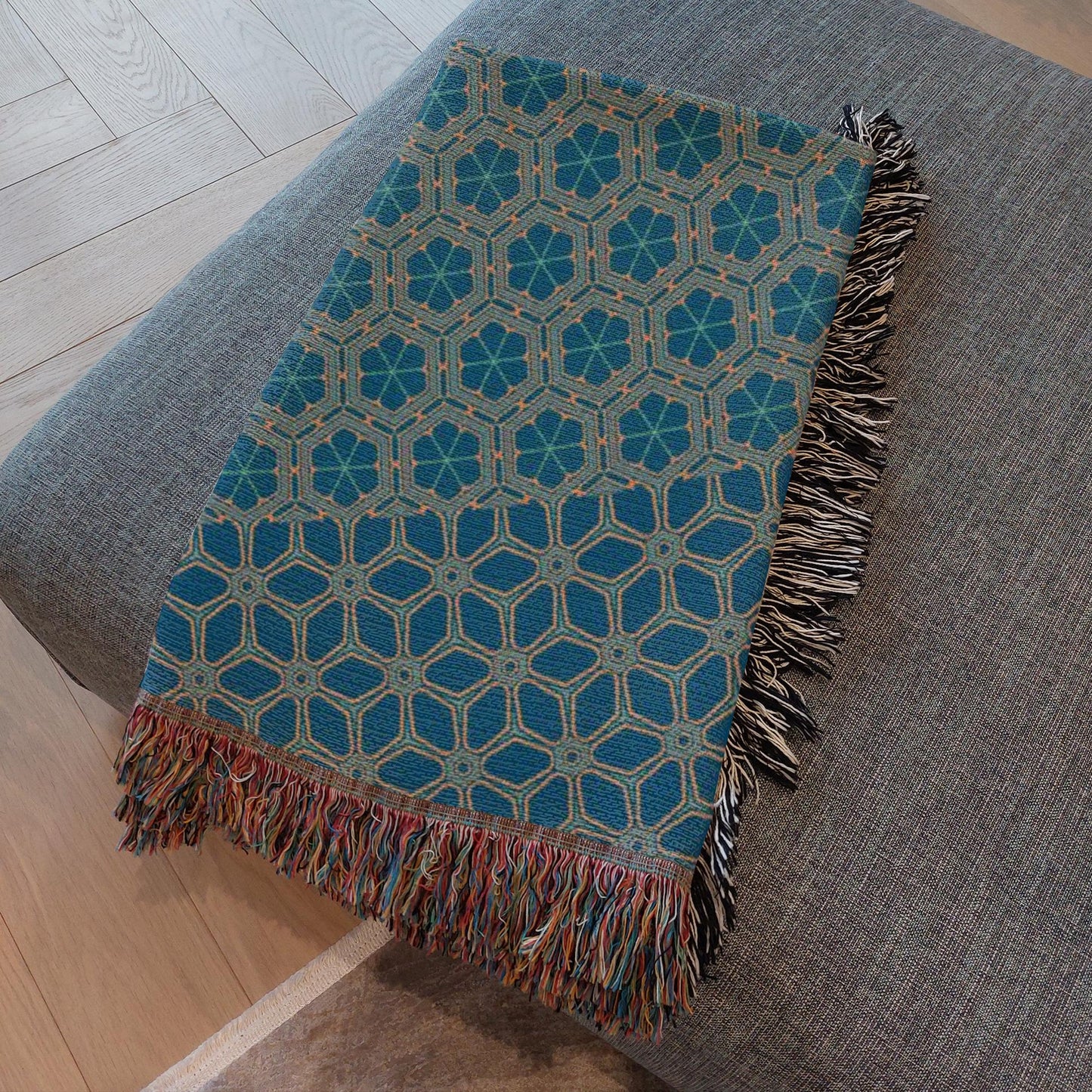 One of a Kind Woven Cotton Aqua Throw Blanket