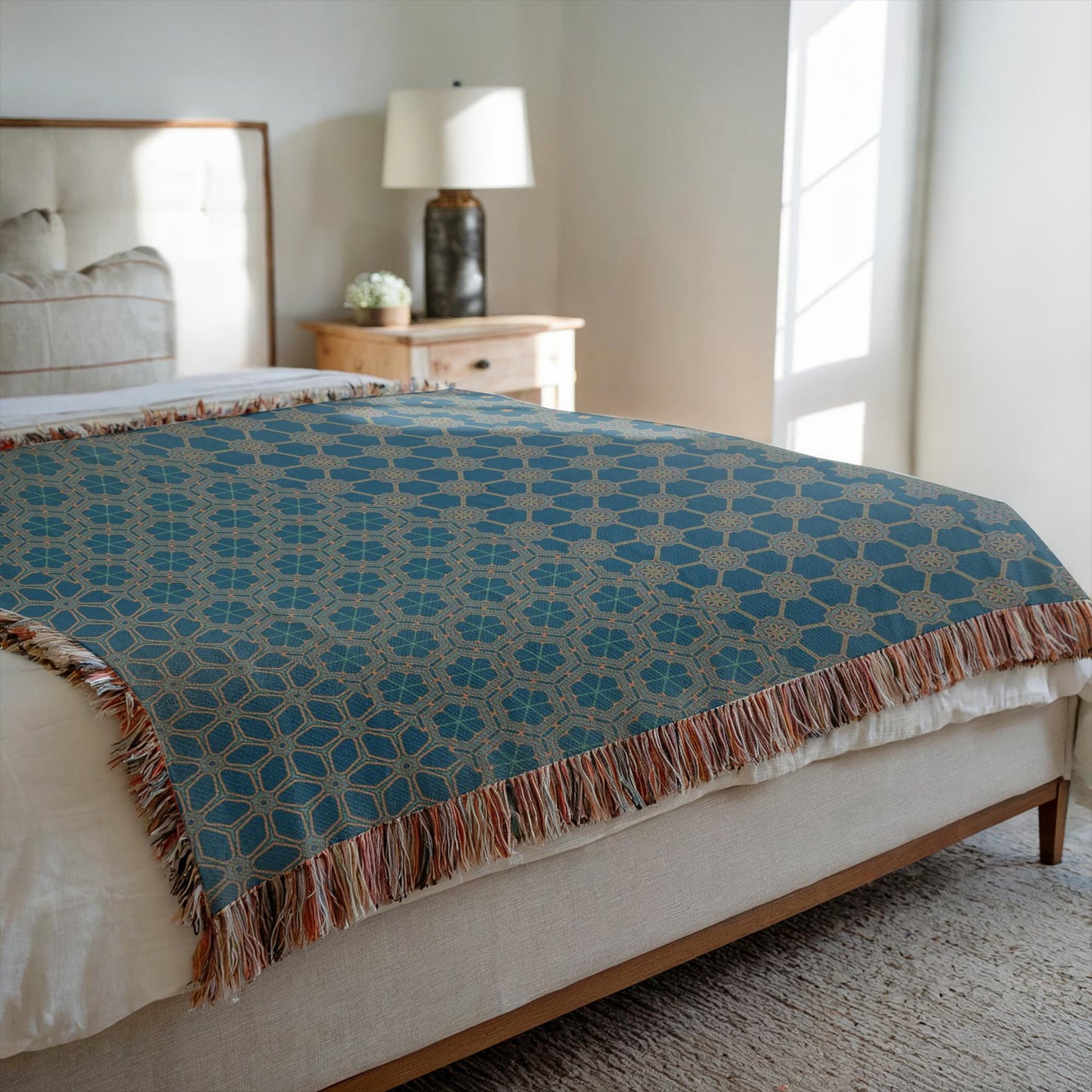 One of a Kind Woven Cotton Aqua Throw Blanket