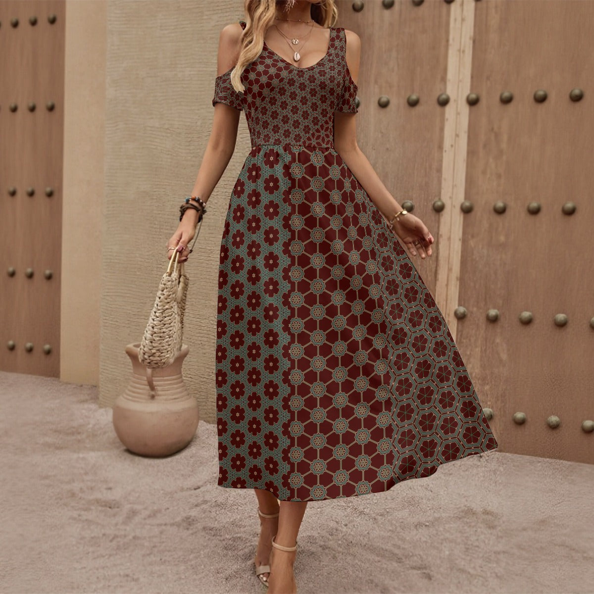 EarthlyTemple - Shoulderless V-Neck Dress