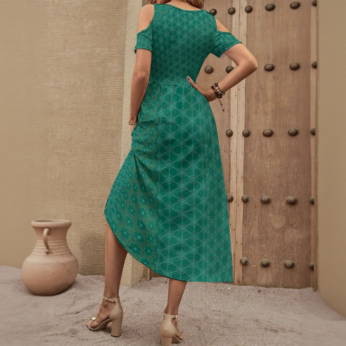 DivineCoral - Shoulderless V-Neck Dress