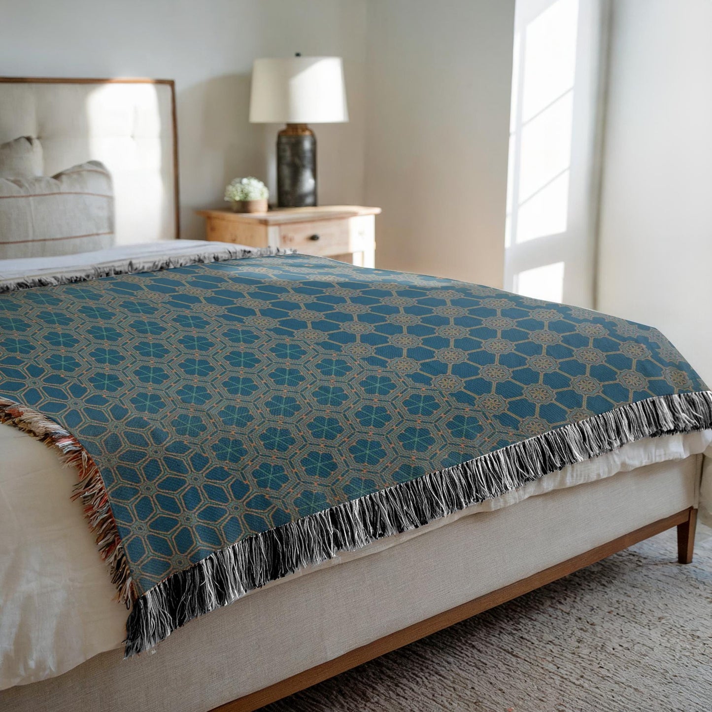 One of a Kind Woven Cotton Aqua Throw Blanket