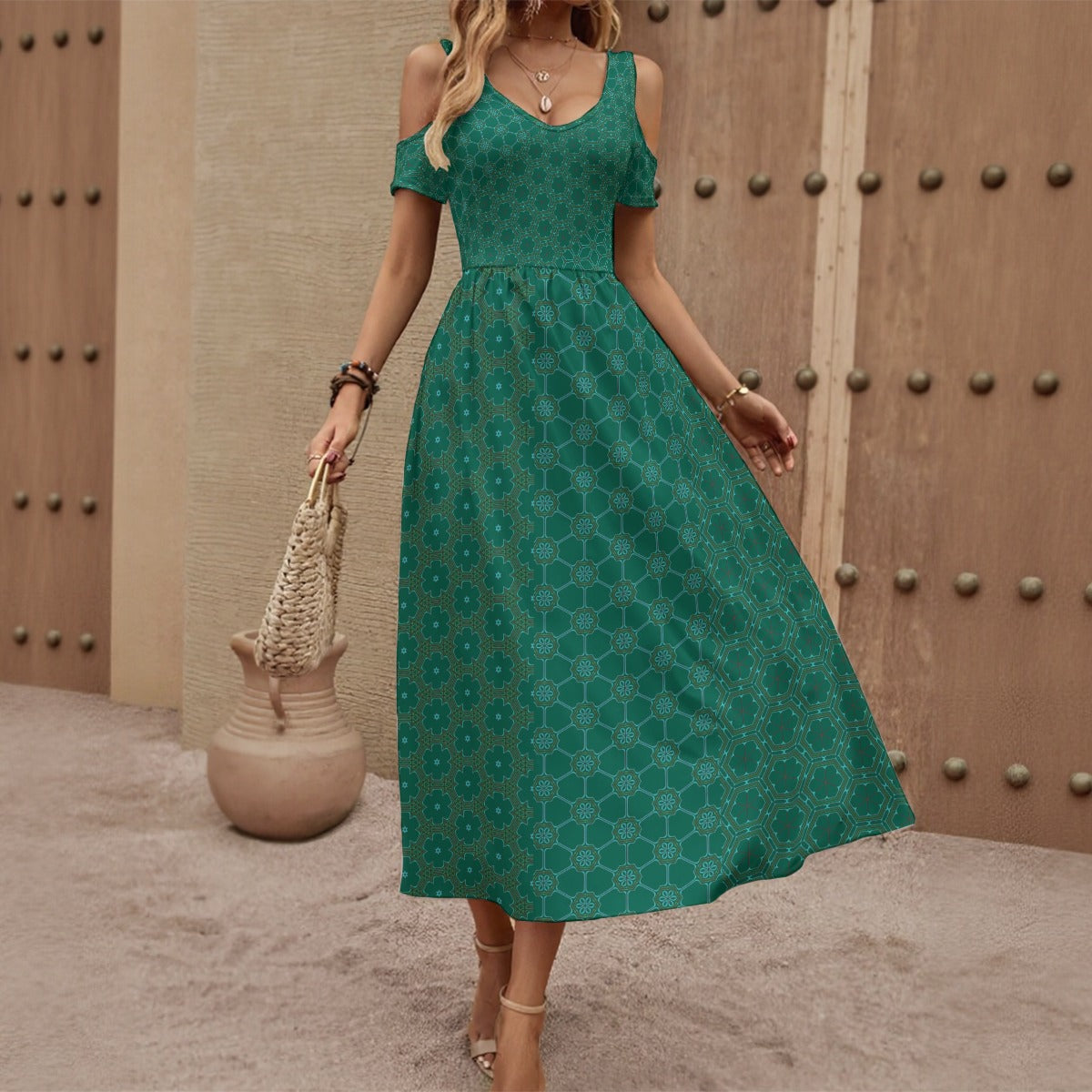 DivineCoral - Shoulderless V-Neck Dress